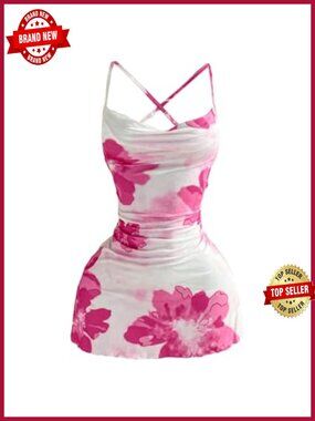 Y2K Cute Print Cowl Neck Halter Spaghetti Strap Mini Dress